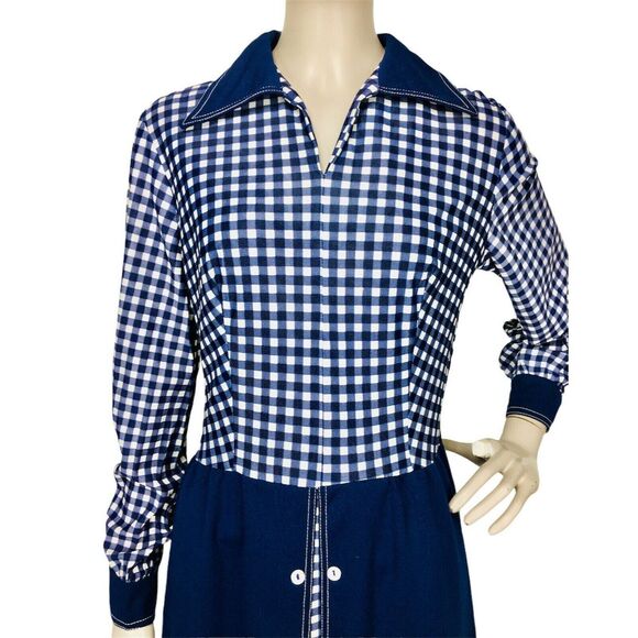 Vintage 60s MOD Academia Blue White Gingham Peekaboo A-Line Dagger Collar Dress - Picture 3 of 9